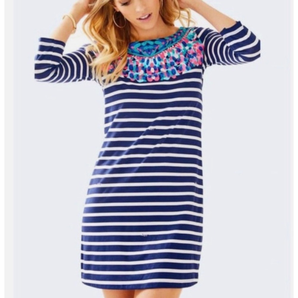 Lilly Pulitzer Bay Shirt Dress Navy‎ Island Medallion Stripe Size Small